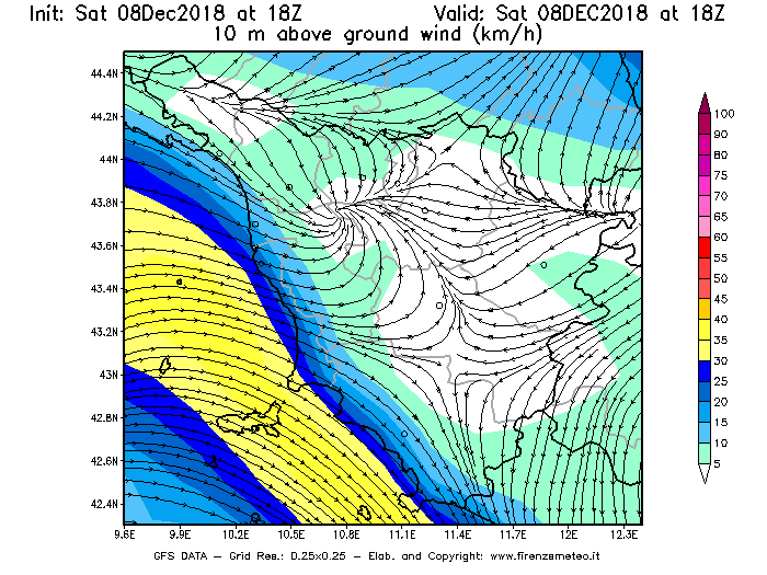 Mappa di analisi GFS - Velocità del vento a 10 metri dal suolo [km/h] in Toscana
									del 08/12/2018 18 <!--googleoff: index-->UTC<!--googleon: index-->