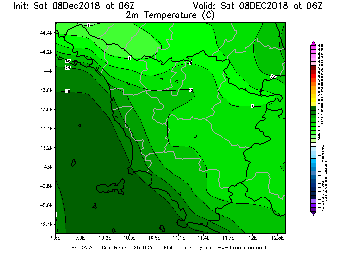 Mappa di analisi GFS - Temperatura a 2 metri dal suolo [°C] in Toscana
									del 08/12/2018 06 <!--googleoff: index-->UTC<!--googleon: index-->