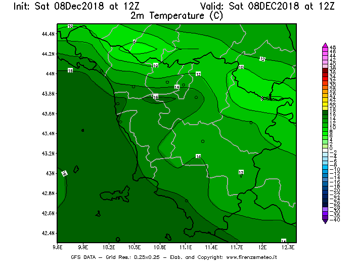 Mappa di analisi GFS - Temperatura a 2 metri dal suolo [°C] in Toscana
									del 08/12/2018 12 <!--googleoff: index-->UTC<!--googleon: index-->