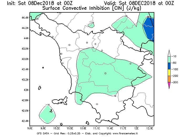 Mappa di analisi GFS - CIN [J/kg] in Toscana
									del 08/12/2018 00 <!--googleoff: index-->UTC<!--googleon: index-->