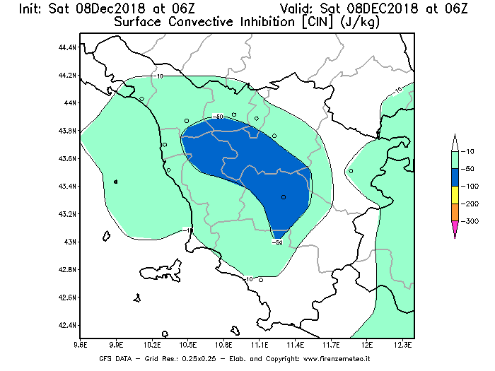 Mappa di analisi GFS - CIN [J/kg] in Toscana
							del 08/12/2018 06 <!--googleoff: index-->UTC<!--googleon: index-->