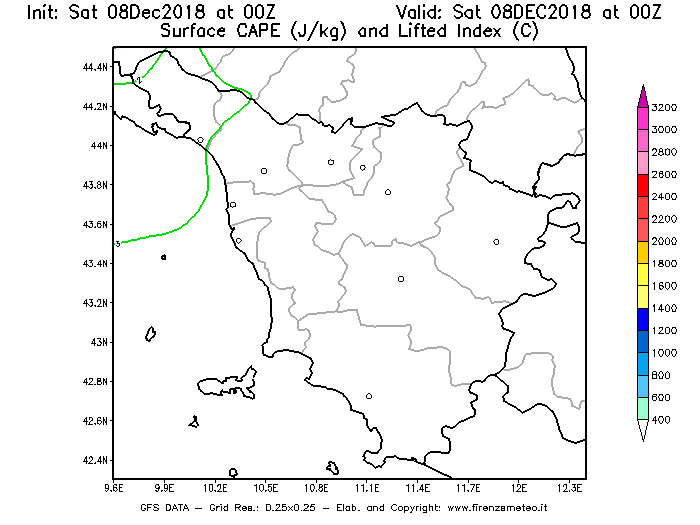 Mappa di analisi GFS - CAPE [J/kg] e Lifted Index [°C] in Toscana
									del 08/12/2018 00 <!--googleoff: index-->UTC<!--googleon: index-->