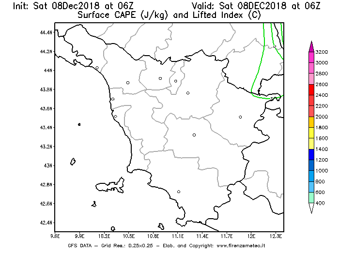 Mappa di analisi GFS - CAPE [J/kg] e Lifted Index [°C] in Toscana
									del 08/12/2018 06 <!--googleoff: index-->UTC<!--googleon: index-->