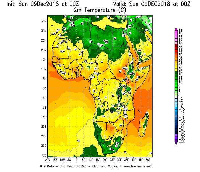 Mappa di analisi GFS - Temperatura a 2 metri dal suolo [°C] in Africa
									del 09/12/2018 00 <!--googleoff: index-->UTC<!--googleon: index-->