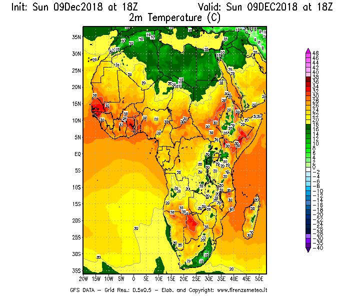 Mappa di analisi GFS - Temperatura a 2 metri dal suolo [°C] in Africa
									del 09/12/2018 18 <!--googleoff: index-->UTC<!--googleon: index-->