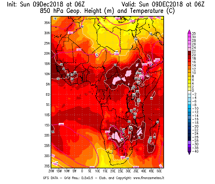Mappa di analisi GFS - Geopotenziale [m] e Temperatura [°C] a 850 hPa in Africa
									del 09/12/2018 06 <!--googleoff: index-->UTC<!--googleon: index-->