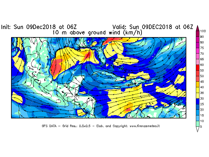 Mappa di analisi GFS - Velocità del vento a 10 metri dal suolo [km/h] in Centro-America
									del 09/12/2018 06 <!--googleoff: index-->UTC<!--googleon: index-->