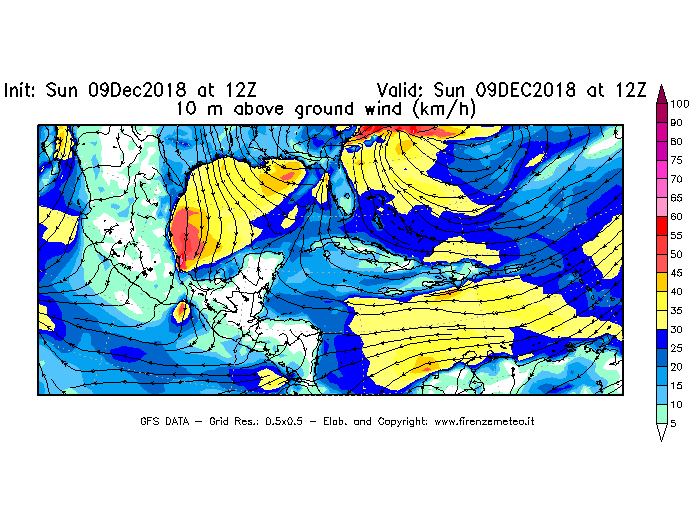Mappa di analisi GFS - Velocità del vento a 10 metri dal suolo [km/h] in Centro-America
									del 09/12/2018 12 <!--googleoff: index-->UTC<!--googleon: index-->
