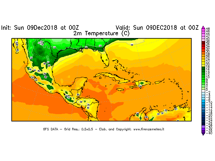 Mappa di analisi GFS - Temperatura a 2 metri dal suolo [°C] in Centro-America
									del 09/12/2018 00 <!--googleoff: index-->UTC<!--googleon: index-->