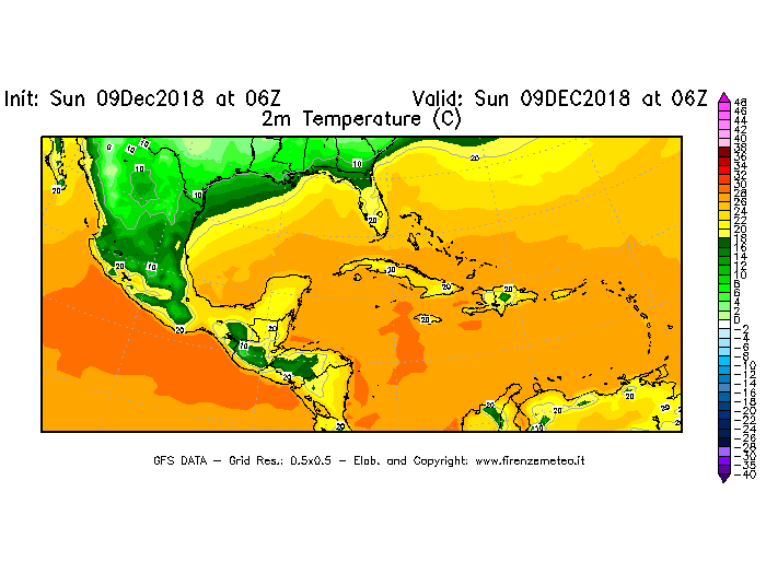 Mappa di analisi GFS - Temperatura a 2 metri dal suolo [°C] in Centro-America
									del 09/12/2018 06 <!--googleoff: index-->UTC<!--googleon: index-->