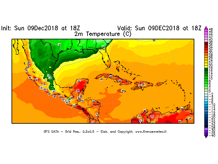 Mappa di analisi GFS - Temperatura a 2 metri dal suolo [°C] in Centro-America
									del 09/12/2018 18 <!--googleoff: index-->UTC<!--googleon: index-->