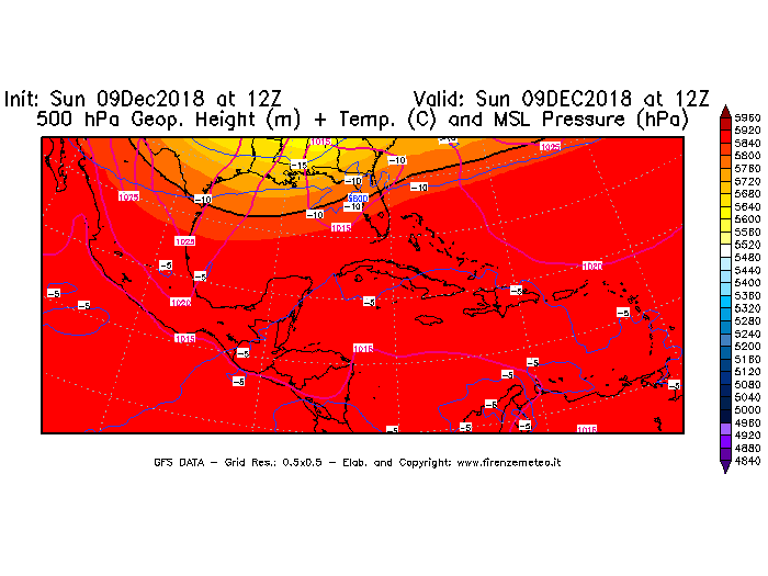 Mappa di analisi GFS - Geopotenziale [m] + Temp. [°C] a 500 hPa + Press. a livello del mare [hPa] in Centro-America
									del 09/12/2018 12 <!--googleoff: index-->UTC<!--googleon: index-->