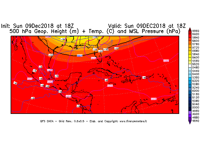 Mappa di analisi GFS - Geopotenziale [m] + Temp. [°C] a 500 hPa + Press. a livello del mare [hPa] in Centro-America
									del 09/12/2018 18 <!--googleoff: index-->UTC<!--googleon: index-->