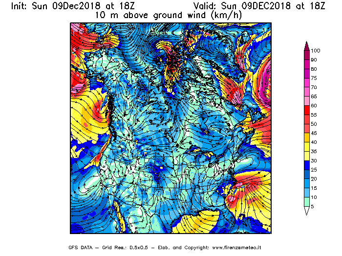 Mappa di analisi GFS - Velocità del vento a 10 metri dal suolo [km/h] in Nord-America
									del 09/12/2018 18 <!--googleoff: index-->UTC<!--googleon: index-->