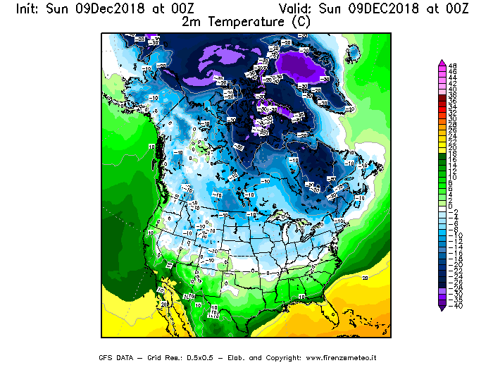 Mappa di analisi GFS - Temperatura a 2 metri dal suolo [°C] in Nord-America
									del 09/12/2018 00 <!--googleoff: index-->UTC<!--googleon: index-->
