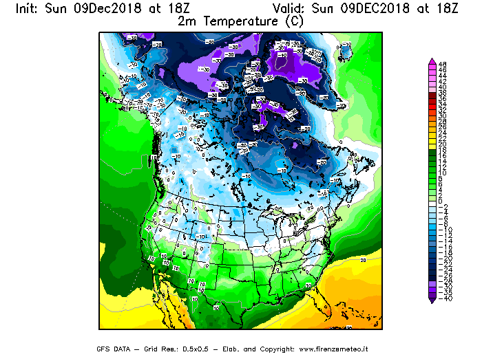 Mappa di analisi GFS - Temperatura a 2 metri dal suolo [°C] in Nord-America
									del 09/12/2018 18 <!--googleoff: index-->UTC<!--googleon: index-->
