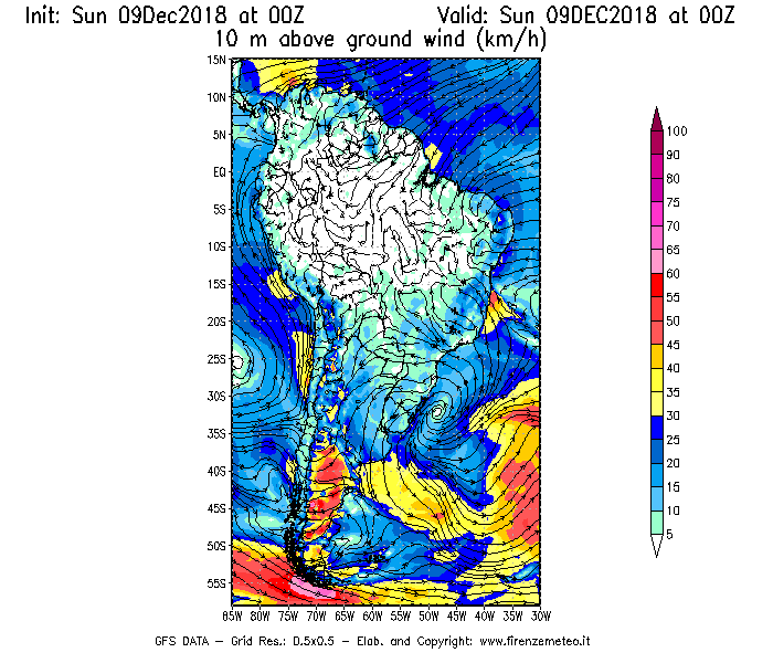 Mappa di analisi GFS - Velocità del vento a 10 metri dal suolo [km/h] in Sud-America
									del 09/12/2018 00 <!--googleoff: index-->UTC<!--googleon: index-->