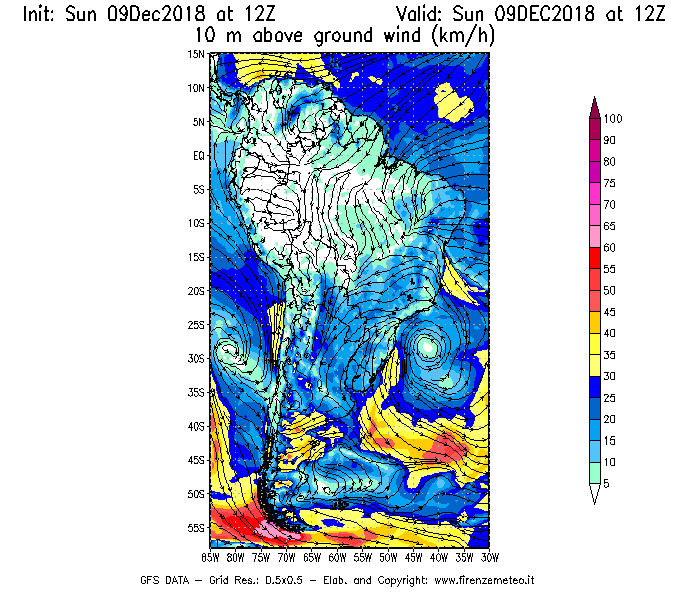 Mappa di analisi GFS - Velocità del vento a 10 metri dal suolo [km/h] in Sud-America
									del 09/12/2018 12 <!--googleoff: index-->UTC<!--googleon: index-->