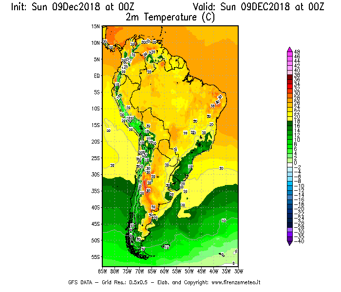 Mappa di analisi GFS - Temperatura a 2 metri dal suolo [°C] in Sud-America
									del 09/12/2018 00 <!--googleoff: index-->UTC<!--googleon: index-->