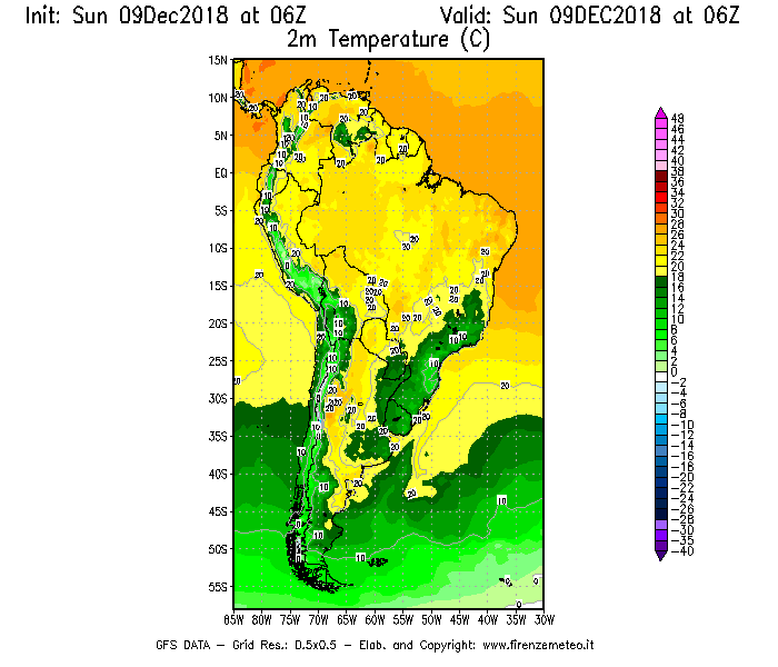 Mappa di analisi GFS - Temperatura a 2 metri dal suolo [°C] in Sud-America
									del 09/12/2018 06 <!--googleoff: index-->UTC<!--googleon: index-->