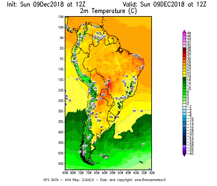 Mappa di analisi GFS - Temperatura a 2 metri dal suolo [°C] in Sud-America
									del 09/12/2018 12 <!--googleoff: index-->UTC<!--googleon: index-->