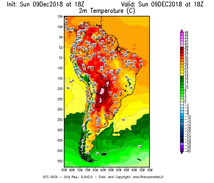 Mappa di analisi GFS - Temperatura a 2 metri dal suolo [°C] in Sud-America
									del 09/12/2018 18 <!--googleoff: index-->UTC<!--googleon: index-->