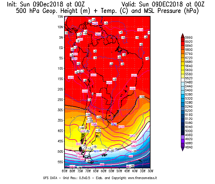 Mappa di analisi GFS - Geopotenziale [m] + Temp. [°C] a 500 hPa + Press. a livello del mare [hPa] in Sud-America
									del 09/12/2018 00 <!--googleoff: index-->UTC<!--googleon: index-->