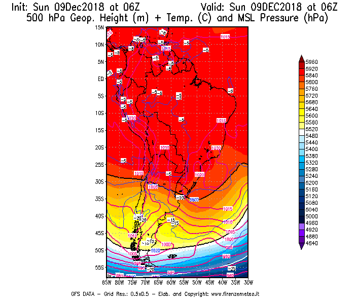 Mappa di analisi GFS - Geopotenziale [m] + Temp. [°C] a 500 hPa + Press. a livello del mare [hPa] in Sud-America
									del 09/12/2018 06 <!--googleoff: index-->UTC<!--googleon: index-->