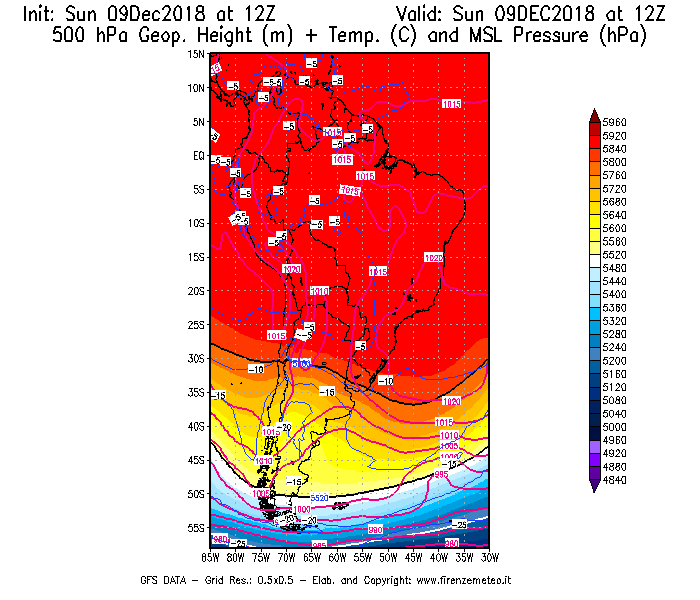Mappa di analisi GFS - Geopotenziale [m] + Temp. [°C] a 500 hPa + Press. a livello del mare [hPa] in Sud-America
									del 09/12/2018 12 <!--googleoff: index-->UTC<!--googleon: index-->