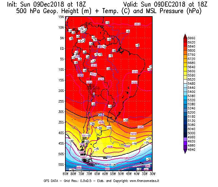 Mappa di analisi GFS - Geopotenziale [m] + Temp. [°C] a 500 hPa + Press. a livello del mare [hPa] in Sud-America
									del 09/12/2018 18 <!--googleoff: index-->UTC<!--googleon: index-->