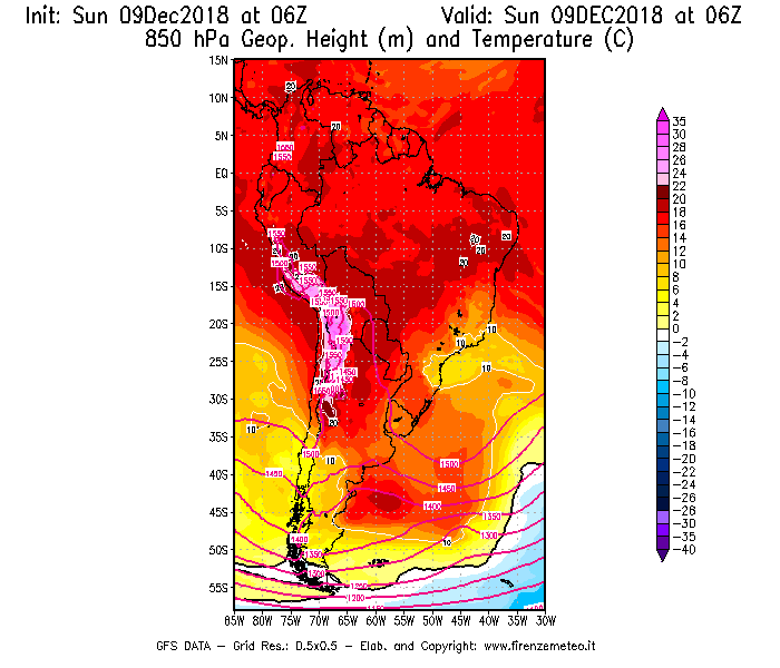 Mappa di analisi GFS - Geopotenziale [m] e Temperatura [°C] a 850 hPa in Sud-America
									del 09/12/2018 06 <!--googleoff: index-->UTC<!--googleon: index-->