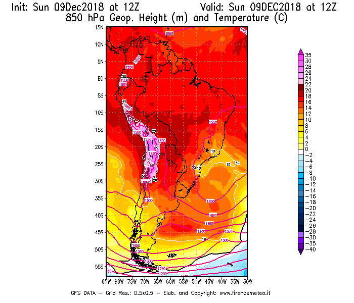 Mappa di analisi GFS - Geopotenziale [m] e Temperatura [°C] a 850 hPa in Sud-America
									del 09/12/2018 12 <!--googleoff: index-->UTC<!--googleon: index-->