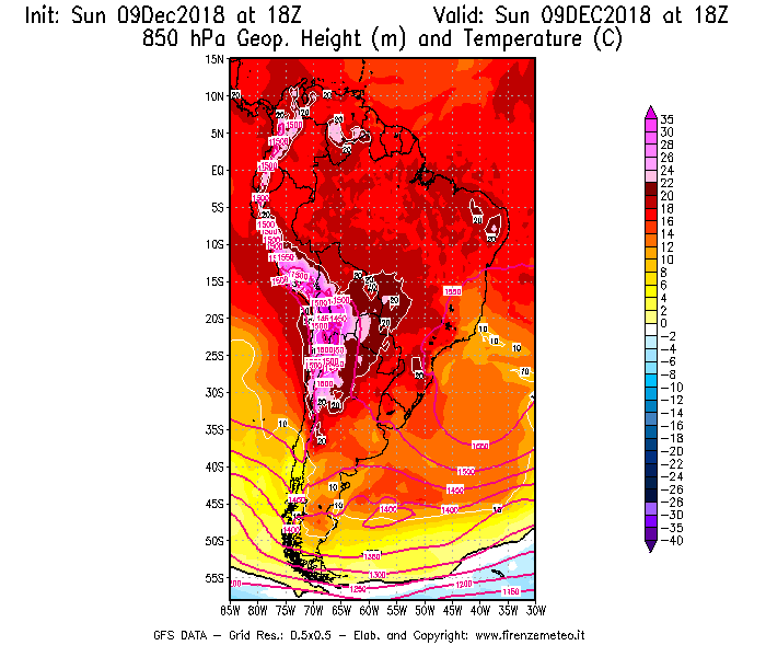 Mappa di analisi GFS - Geopotenziale [m] e Temperatura [°C] a 850 hPa in Sud-America
									del 09/12/2018 18 <!--googleoff: index-->UTC<!--googleon: index-->