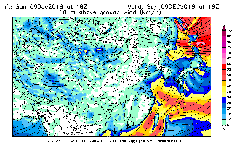 Mappa di analisi GFS - Velocità del vento a 10 metri dal suolo [km/h] in Asia Orientale
									del 09/12/2018 18 <!--googleoff: index-->UTC<!--googleon: index-->