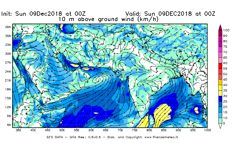 Mappa di analisi GFS - Velocità del vento a 10 metri dal suolo [km/h] in Asia Sud-Occidentale
									del 09/12/2018 00 <!--googleoff: index-->UTC<!--googleon: index-->