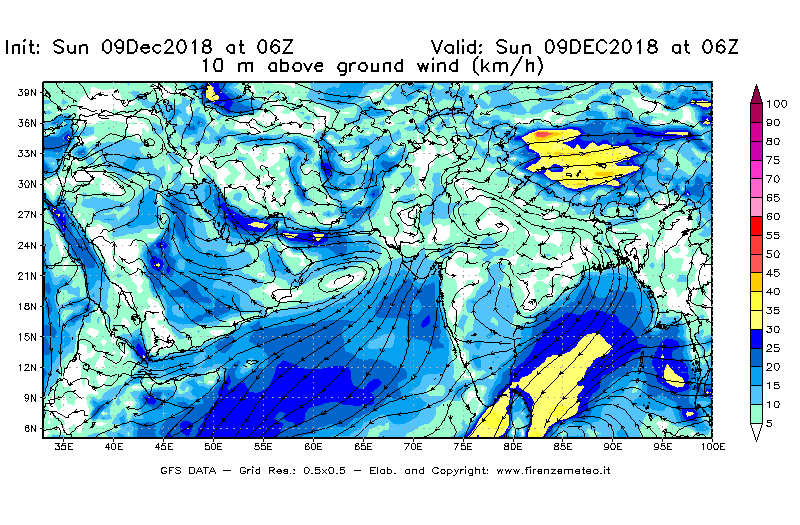 Mappa di analisi GFS - Velocità del vento a 10 metri dal suolo [km/h] in Asia Sud-Occidentale
									del 09/12/2018 06 <!--googleoff: index-->UTC<!--googleon: index-->