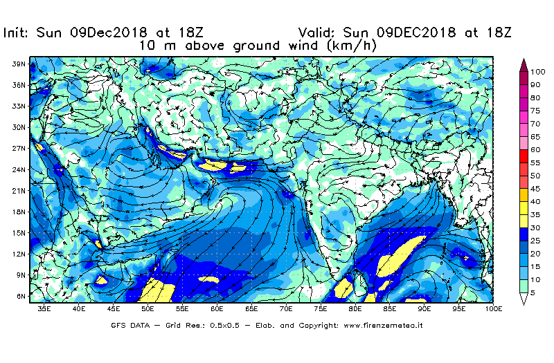 Mappa di analisi GFS - Velocità del vento a 10 metri dal suolo [km/h] in Asia Sud-Occidentale
									del 09/12/2018 18 <!--googleoff: index-->UTC<!--googleon: index-->