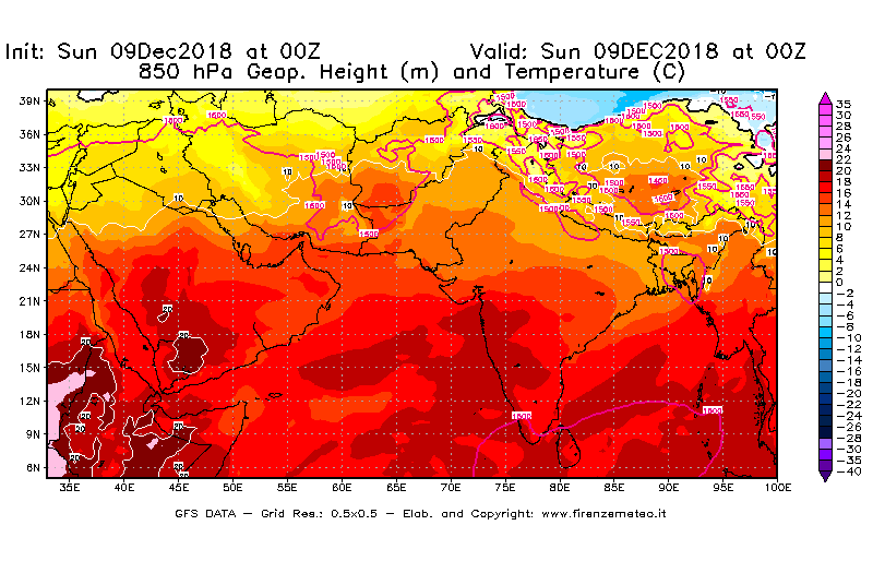Mappa di analisi GFS - Geopotenziale [m] e Temperatura [°C] a 850 hPa in Asia Sud-Occidentale
									del 09/12/2018 00 <!--googleoff: index-->UTC<!--googleon: index-->