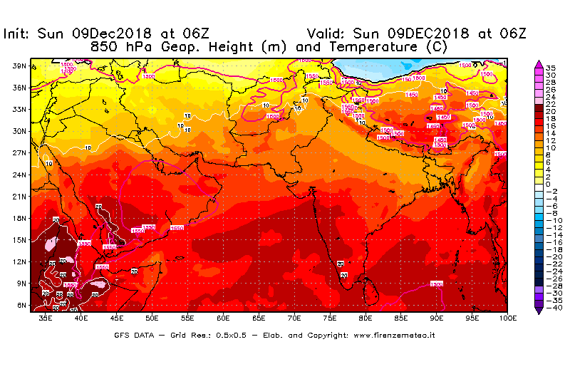 Mappa di analisi GFS - Geopotenziale [m] e Temperatura [°C] a 850 hPa in Asia Sud-Occidentale
									del 09/12/2018 06 <!--googleoff: index-->UTC<!--googleon: index-->
