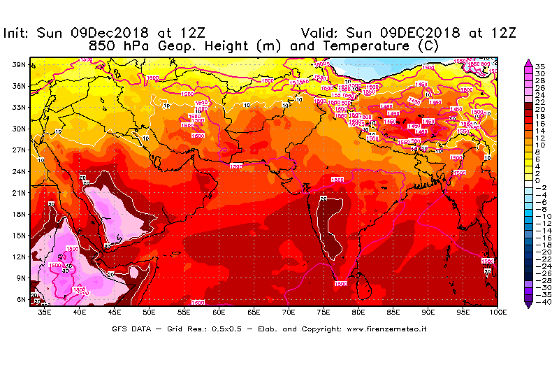 Mappa di analisi GFS - Geopotenziale [m] e Temperatura [°C] a 850 hPa in Asia Sud-Occidentale
									del 09/12/2018 12 <!--googleoff: index-->UTC<!--googleon: index-->
