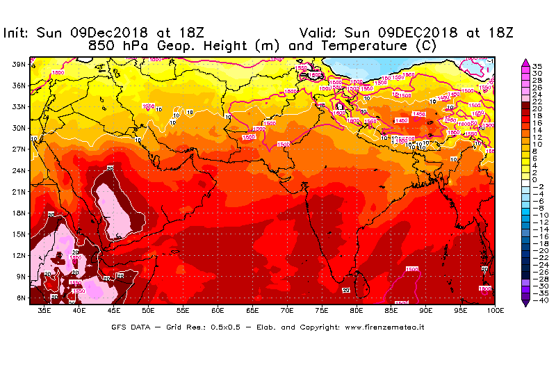 Mappa di analisi GFS - Geopotenziale [m] e Temperatura [°C] a 850 hPa in Asia Sud-Occidentale
									del 09/12/2018 18 <!--googleoff: index-->UTC<!--googleon: index-->
