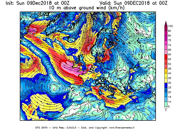Mappa di analisi GFS - Velocità del vento a 10 metri dal suolo [km/h] in Europa
									del 09/12/2018 00 <!--googleoff: index-->UTC<!--googleon: index-->