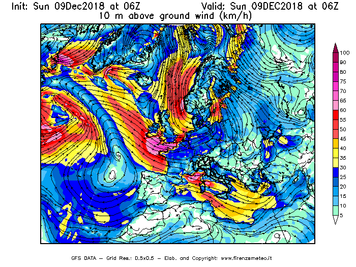 Mappa di analisi GFS - Velocità del vento a 10 metri dal suolo [km/h] in Europa
									del 09/12/2018 06 <!--googleoff: index-->UTC<!--googleon: index-->