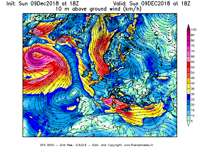 Mappa di analisi GFS - Velocità del vento a 10 metri dal suolo [km/h] in Europa
									del 09/12/2018 18 <!--googleoff: index-->UTC<!--googleon: index-->