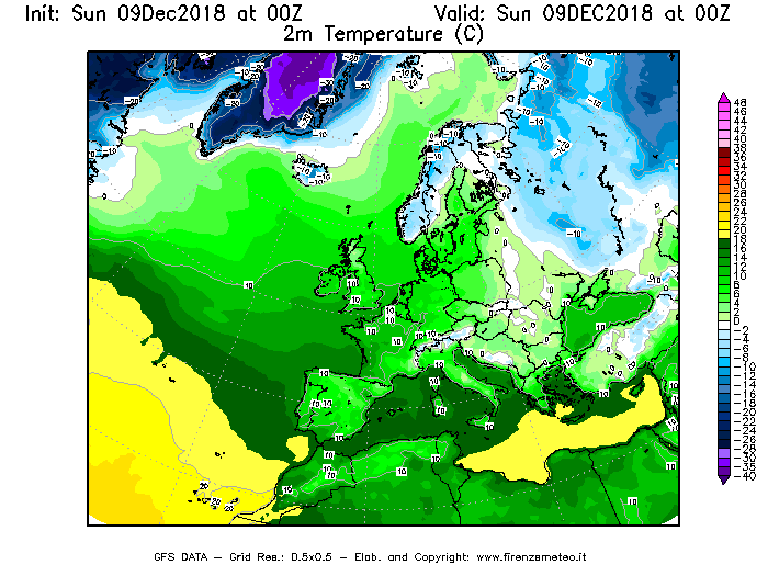 Mappa di analisi GFS - Temperatura a 2 metri dal suolo [°C] in Europa
									del 09/12/2018 00 <!--googleoff: index-->UTC<!--googleon: index-->