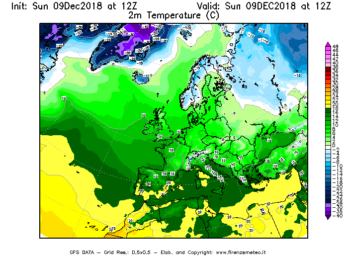 Mappa di analisi GFS - Temperatura a 2 metri dal suolo [°C] in Europa
									del 09/12/2018 12 <!--googleoff: index-->UTC<!--googleon: index-->