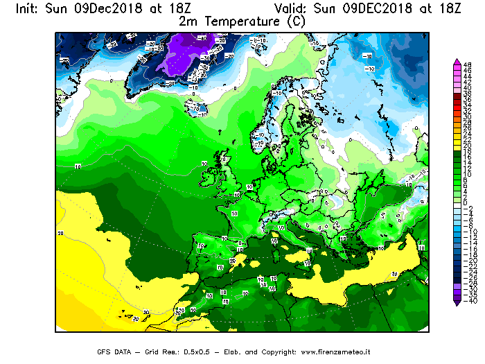 Mappa di analisi GFS - Temperatura a 2 metri dal suolo [°C] in Europa
									del 09/12/2018 18 <!--googleoff: index-->UTC<!--googleon: index-->