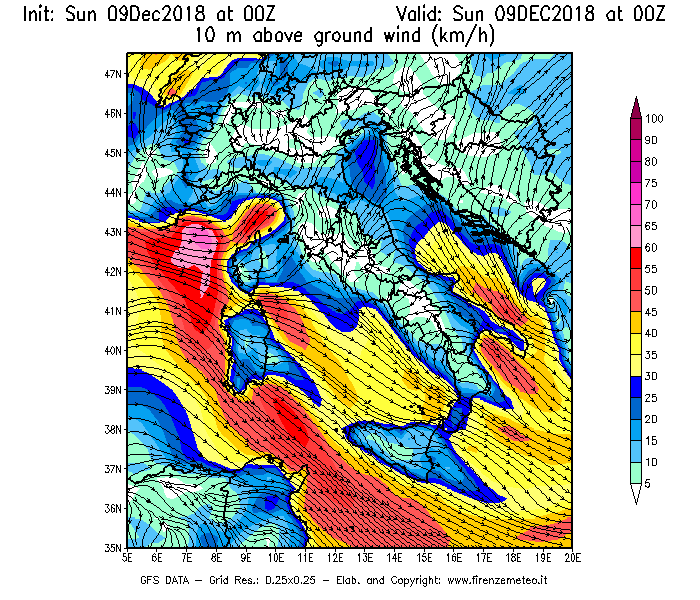 Mappa di analisi GFS - Velocità del vento a 10 metri dal suolo [km/h] in Italia
									del 09/12/2018 00 <!--googleoff: index-->UTC<!--googleon: index-->