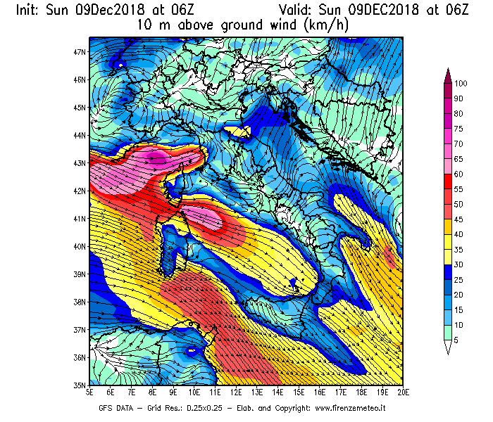 Mappa di analisi GFS - Velocità del vento a 10 metri dal suolo [km/h] in Italia
									del 09/12/2018 06 <!--googleoff: index-->UTC<!--googleon: index-->