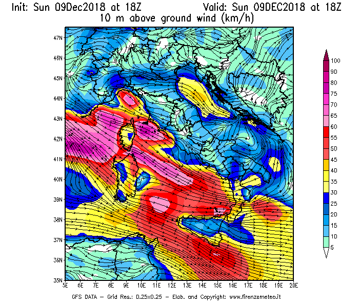 Mappa di analisi GFS - Velocità del vento a 10 metri dal suolo [km/h] in Italia
									del 09/12/2018 18 <!--googleoff: index-->UTC<!--googleon: index-->